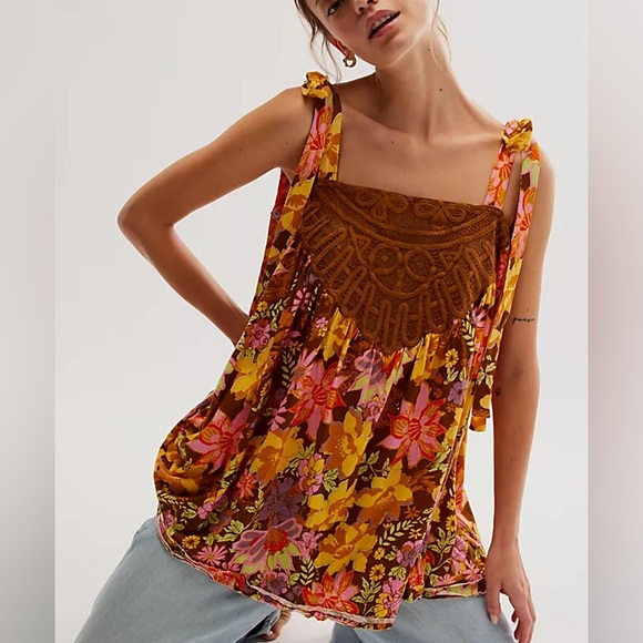 Free People Tops - Free People Bali Moroccan Flowers Tunic Brown‎ Yellow Size Medium Cotton
